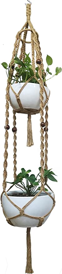 Macrame Hemp Rope Plant Hanger, Plant Holder, Hanging Planter 4 Legs Double Deck for 8 inch to 12 inch Two Pots Indoor Outdoor Hanging Planter Basket Hemp Rope 69 Inch Without Pot and Plant