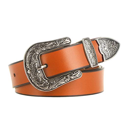 Women Leather Belts Ladies Vintage Western Design Black Waist Belt for Pants Jeans Dresses