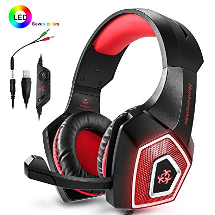 PS4 Headset,Xbox One Headphones,Gaming Headset with LED light,Stereo Gamer Headphones,3.5mm wired Over-ear Noise Isolating Microphone Volume Control for Mac (Black-Red)