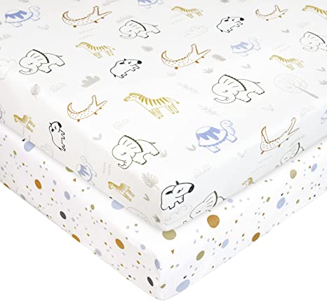 PHF 2 Pack 100% Cotton Crib Sheets Fitted, Soft Breathable Comfortable Baby Sheet Set for Boys Girls, Premium Crib Bed Sheets Fits Standard Crib Mattress 28in x 52in, Woodland Animals/Geometirc Figure