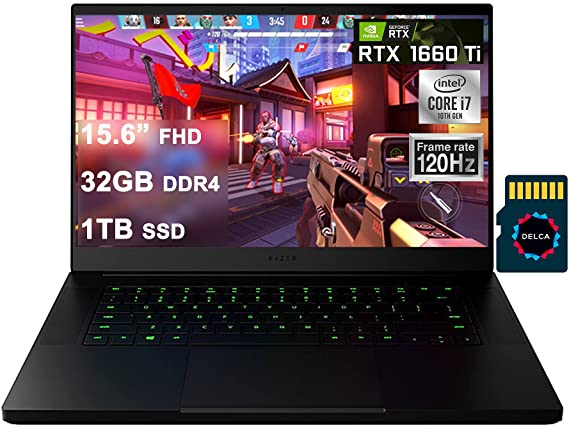 Razer 2021 Blade 15 Base Premium Gaming Laptop I 15.6” FHD 120Hz I 10th Gen Intel 6-Core i7-10750H I 32GB DDR4 1TB SSD I GTX 1660Ti 6GB I USB-C HDMI Backlit Win10 Black   Delca 32GB MicroSD Card