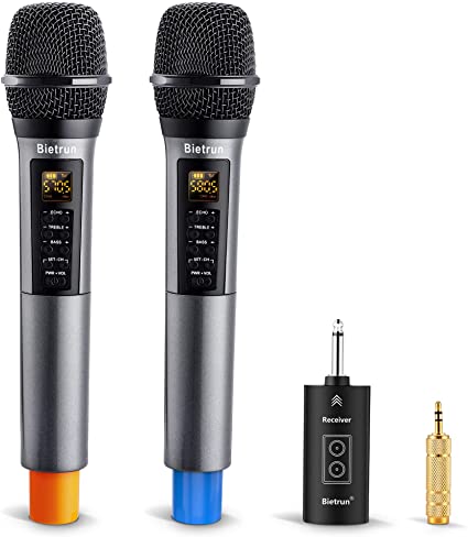 Wireless Microphone with Echo, Treble, Bass & Bluetooth, UHF Handheld Wireless Karaoke Dynamic Microphone System with Rechargeable Receiver, 98 FT Range, for Karaoke, Singing, Wedding, Amp, PA System