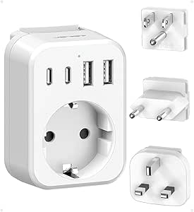 JSVER Reiseadapter Weltweit Set, Internationaler Reisestecker Adapter Steckdosenadapter mit 4 USB-Anschlüssen(2 USB C& 2 USB A) Reiseadapter Typ C/G/B Stecker für USA/Mexiko/Europa/UK/HK