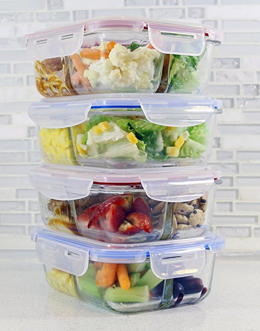 [4 PACK] FreshSav 35.5 oz 2 Compartment & 3-Compartment Glass Meal & Food Storage Containers Set Airtight locking Lids | Microwave,Freezer,Oven & Dishwasher Safe | 2 Regular Lid   2 Lid with Utensils