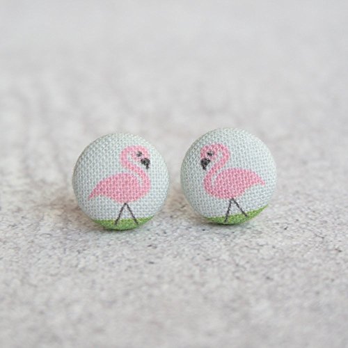 Pink Flamingo Fabric Button Earrings
