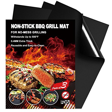 Grill Mat Set of 3 Non-Stick BBQ Grill Mats by YIHONG, 0.4mm Extra Thick Heavy Duty Barbecue Grilling Mat, Reusable and Easy to Clean, Works on Gas, Charcoal, Electric Grills, Black Color