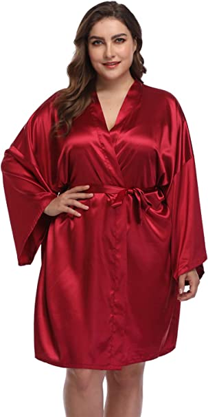 Women's Plus Size Satin Robes Short Silky Bathrobes Bridesmaid Party Dressing Gown