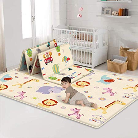 Baby Folding Mat,Large Tummy Time Folding Baby Crawling Mat Outdoor or Indoor Use, Waterproof Portable Double Sides Crawling Mats Cute Cartoon,Non Toxic for Kids Toddler Rug (70 x 59 x 0.2 inches)