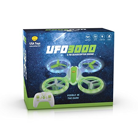 UFO 3000 LED Drone Toy For Boys and Girls - Quadcopter with Ultra Bright LED Lights - Fly In The Dark and Do 3D Flips and Stunts - Includes BONUS Battery