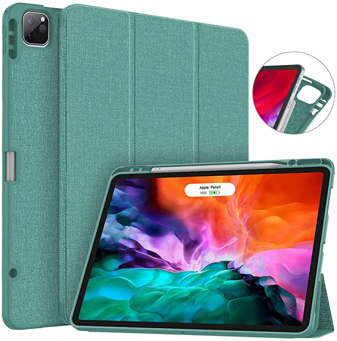 Soke New iPad Pro 12.9 Case 2020 & 2018 with Pencil Holder - [Full Body Protection   Apple Pencil Charging   Auto Wake/Sleep], Soft TPU Back Cover for 2020 iPad Pro 12.9(Lake Blue)