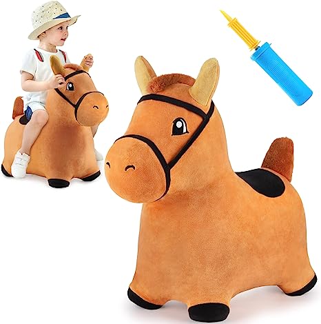 iPlay, iLearn Bouncy Pals Brown Hopping Horse, Inflatable Ride On Animal Hopper Toys, Indoor n Outdoor Plush Bounce W/ Pump, Jumping Birthday Gift for 18 24 Month 2 3 4 5 Year Old Toddler Kid Boy Girl