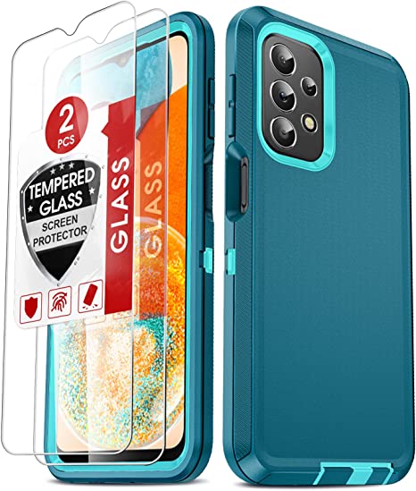 LeYi 𝐆𝐚𝐥𝐚𝐱𝐲 𝐀𝟐𝟑 𝟓𝐆 𝐏𝐡𝐨𝐧𝐞 𝐂𝐚𝐬𝐞, Samsung A23 Case with [2 Pack] Tempered Glass Screen Protectors, 3 in 1 Full Body Shockproof Rubber Dustproof Rugged Defender Case A23 5G, Teal