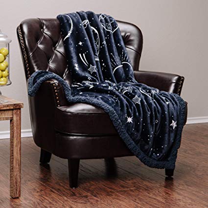 Chanasya Super Soft Solar System Galaxy Star Space Print Throw Blanket| Featuring All Nine Planets Orbiting The Sun Including Pluto Dark Navy Charcoal Reversible Blanket for Bed Couch Chair -DarkNavy