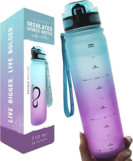 Live Infinitely 24 oz Water Bottle with Time Marker - Insulated Measured Water Tracker Screen - BPA Free Gym Water Bottle - Locking Flip Top Lid, Rubberized (Galaxy, 24oz)