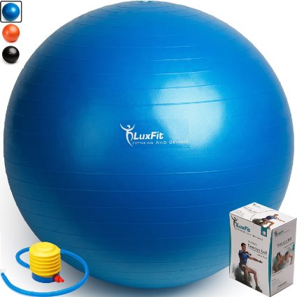 Exercise Ball, LuxFit Premium EXTRA THICK Yoga Ball '2 Year Warranty' - Swiss Ball Includes Foot Pump. Anti-Burst - Slip Resistant! 45cm, 55cm, 65cm, 75cm, 85cm Size Fitness Balls