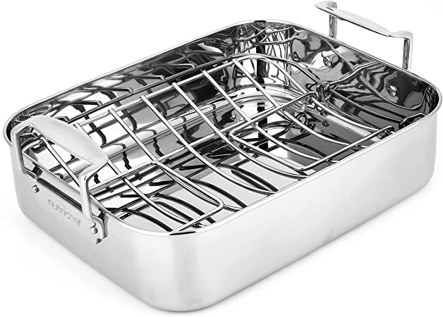 Roasting Pan with Polished Rack, Wide Handle, and Stainless Steel , Turkey Chicken Roasting Pan Great for Thanksgiving Dinners, Tender Roast, Deep Dishes, and More