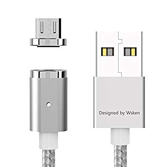 Magnetic Micro USB Cable, WSKEN Mini2 Android Magnetic Charger Cable Nylon Braided USB Sync and Fast Charger Cord with LED Indicator for Android Device, Samsung, LG, Google, HTC&More (Sliver-1)