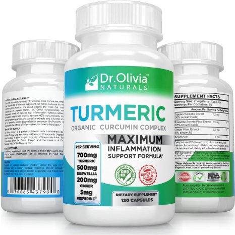 Organic Turmeric Curcumin Inflammation Supplement: Formulated with Ginger, Boswellia & BioPerine® by Clinical Nutritionist Dr. Olivia Joseph [120 Capsules]