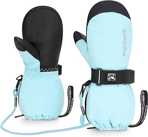 HIGHCAMP Winter Snow Ski Mitten Gloves Waterproof with/o Zipper on Long Cuff for Kids Toddlers Boy Girl