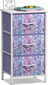 Sorbus Nightstand Storage Organizer Chest with 3 Drawers - Kids Girls, Boys Bedroom Furniture Chest for Clothes, Closet Organization - Steel Frame, Wood Top, Fabric Bin (3-Drawer, Blue/Pink/Purple)