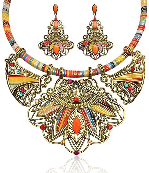 LUOEM Fashion Handmade Ethnic Set Bib Necklace Earrings Multicolor Boho Vintage Statement Jewelry for Women Jewelry (Colorful)