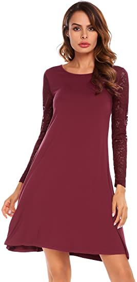 Women's Lace Patchwork Long Sleeve Casual Tunic Dress