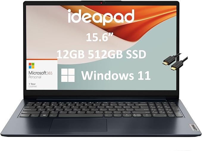 Lenovo IdeaPad 15.6 Laptop with 1 Year Microsoft Office 365, (15.6" FHD Display, 12GB RAM, 512GB SSD, Intel Quad-Core Pentium N6000), Webcam, Wi-Fi 6 and Bluetooth 5, IST HDMI, Win 11 Home, Abyss Blue