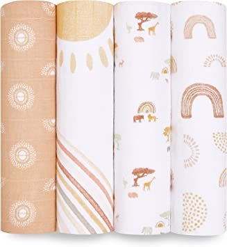 aden + anais 100% Organic Cotton Muslin Blankets for Girls & Boys, Newborn Receiving Blanket for Swaddling, 100% Organic Cotton Baby Swaddle Wrap, 4 Pack, Keepin Rising