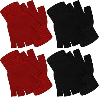 SATINIOR 4 Pairs Winter Half Finger Gloves Knitted Fingerless Mittens Warm Stretchy Gloves for Men and Women