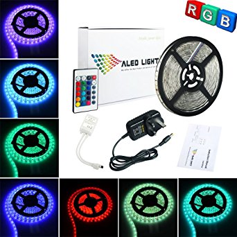 ALED LIGHT® 16.4ft 5M Waterproof 3528 RGB 300 Led Strip Light Full Kit With 24Key IR Remote  2A UK Plug Power Supply For Home and Kitchen Decoration