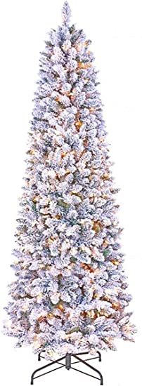 GOLDSTAR Artificial Pre-Lit Flocked Pencil Christmas Tree 7.5 Feet, Beautiful Crafted Flocked Snow Artificial Skinny Slim Christmas Tree with 500 UL Warm White LED Lights for Holiday Decoration