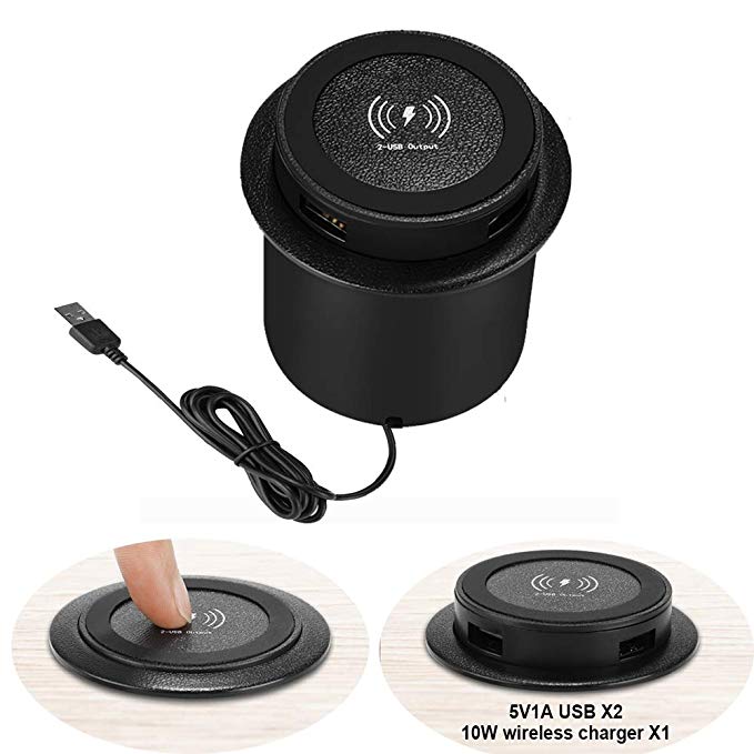Desk Fast Wireless Charger, POWVAN Embedded Retractable Hidden Charger with 2 USB for Furniture Grommet Desk Surface Port Hole, Qi Certified 10W Built-in Wireless Charger for All Qi-Enabled Devices