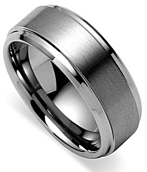 King Will Men's Tungsten 8mm Polished Beveled Edge Matte Brushed Finish Center Ring