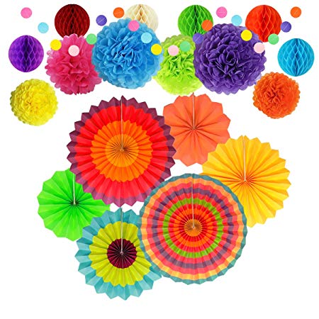 Fiesta Party Decorations, Mexican Cinco De Mayo Decoration,Hanging Paper Fans Rainbow Tissue Pom Poms Circle Dot Garland Honeycomb Ball, for Birthday Baby Shower Carnival Wedding Bridal (20 PCS)
