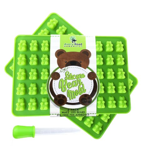 NEW Premium Gummy Bear Mold - 2 PACK - BONUS DROPPER - 100 Bears on Trays + RECIPE PDF - Green Silicone Molds 100% Food Grade BPA Free and FDA Approved Candy Chocolate & Gelatin Maker