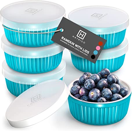 Hatrigo Porcelain Ramekins with Silicone Storage Lids, Set of 6 Aqua Blue Ramekins, 8 oz Oven Safe to 450 deg F, Dishwasher Safe