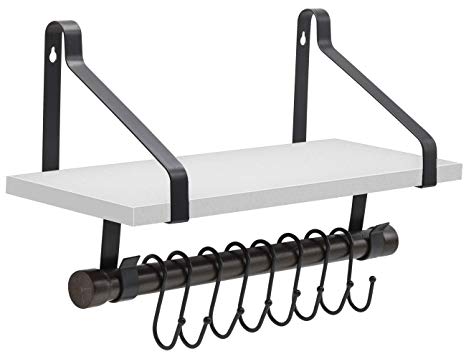 Sorbus Wall Shelf with Hooks, Rustic Wood Rack with Towel Bar and 8 Removable Hooks for Wall-Mounted Storage & Organization in Kitchen, Bathroom, Hallway, etc (Wall Shelf - White)