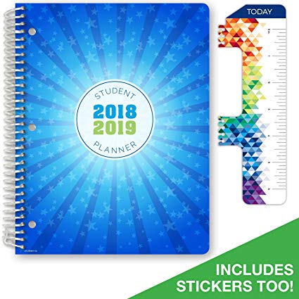 Dated Elementary Student Planner for Academic Year 2018-2019 (Block Style - 8.5"x11" - Blue Burst Cover) - Bonus Ruler/Bookmark and Planning Stickers