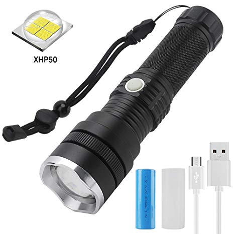 FAGORY Ultra-Powerful 2000-Lumen Rechargeable Tactical Military LED Torch with 3 Adjustable Brightness Modes, Zoom and Waterproof Coating for Camping and Hiking (Battery & USB Charger Included)