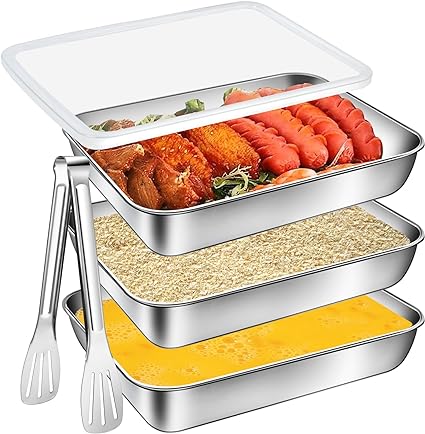 Akamino 3 Pcs Stainless Steel Breading Trays,10.4 x 7.7 x 1.9 Inch Large Breading Pan with Lids & Tong for Dredging Chicken Breasts and Marinating Meat, Food Prep Trays for Fish, Panko, Schnitzel