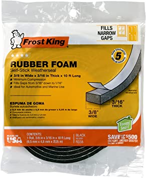 Frost King R338H Self-Stick Rubber Foam Weatherseal, Black|Blacks, 3/8" W, 3/16" T