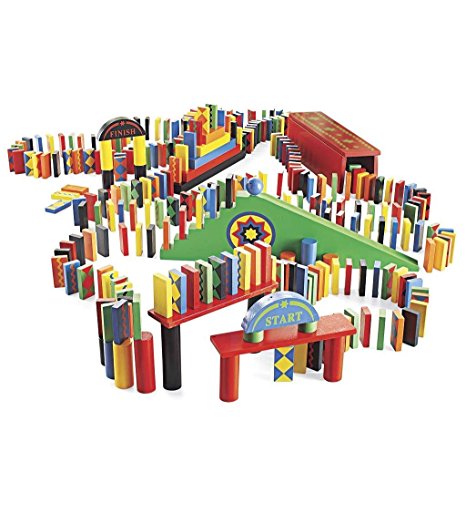 255 Piece Wooden Domino Rally Race STEM Based Learning Set in Bright Colors and Fun Patterns