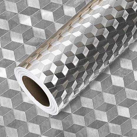 Kitchen Oil-Proof Waterproof Stickers Aluminum Foil Stove Cabinet Self Adhesive Wall Sticker DIY Wallpaper 15.7"x 118.11", 3D Cube