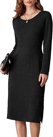 GRACE KARIN Women's Long Sleeve Dresses Waffle Crewneck Work Fall Midi Dress Side Slit Fitted Pencil Dress