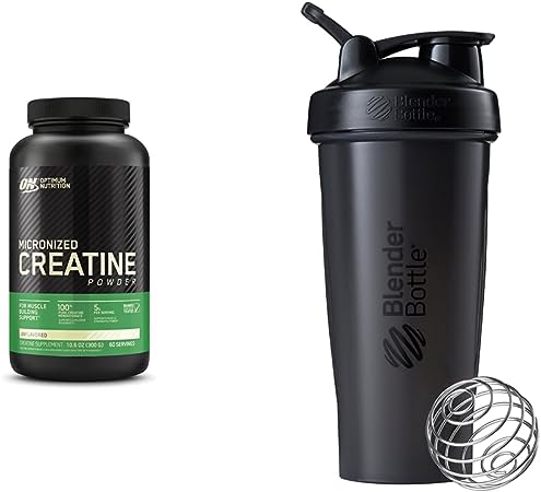 Optimum Nutrition Micronized Creatine Monohydrate Powder & BlenderBottle Classic Shaker Bottle Perfect for Protein Shakes and Pre Workout, 28-Ounce, Black