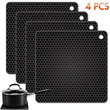 Tonmidej Silicone Pot Holder Square Honeycomb Pattern 7.2 x 7.2 x 0.2 inch/Black - Set of 4