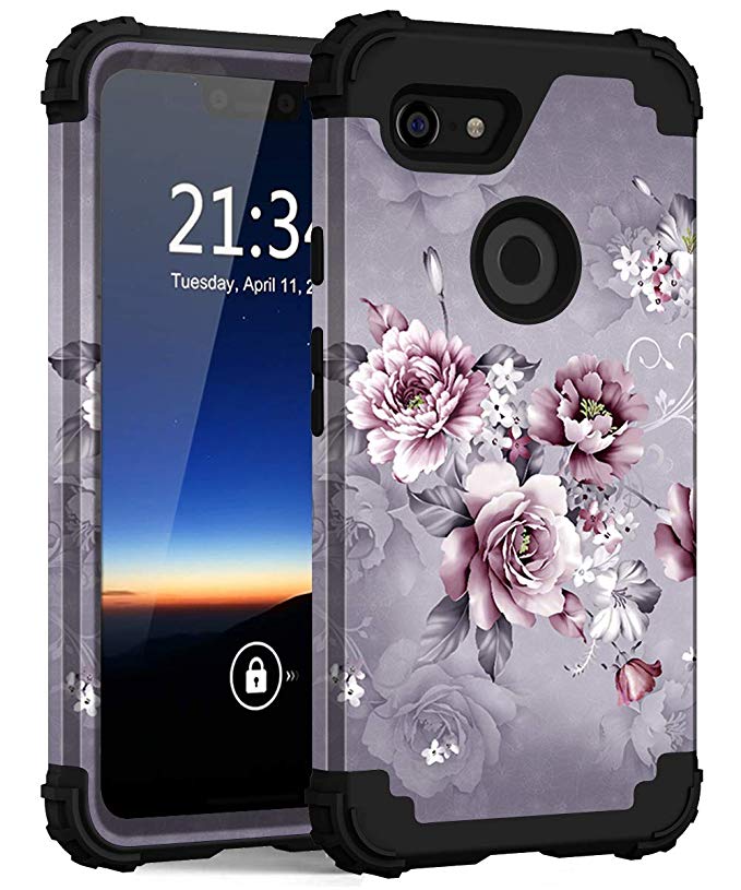 Google Pixel 3 XL Case, Hocase Shockproof Heavy Duty Protection Hard Plastic Silicone Rubber Hybrid Dual Layer Protective Phone Case for Google Pixel 3 XL 2018 w/ 6.3" Display - Light Purple Flowers