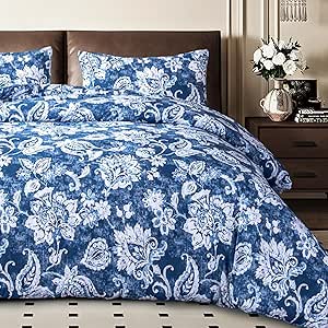 Sophia Willam 3 Pieces Comforter Set Queen Size, Cotton Fabric with Microfiber Inner Fill, 1 Comforter (88x92) and 2 Pillowcases (26x20),Blue Floral