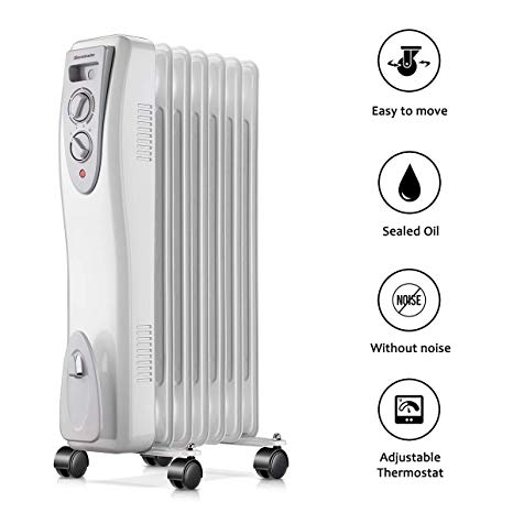 Homeleader Electric Oil Filled Radiator Heater, Portable Space Heater, Electric Heater for Home and Office, 1500W, White