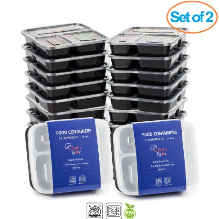 Chef's Star 3 Compartment Reusable Food Storage Containers with Lids - Microwave Safe - Dishwasher Safe - Bento Lunch Box - Stackable - 10 Per Pack - Set Of 2